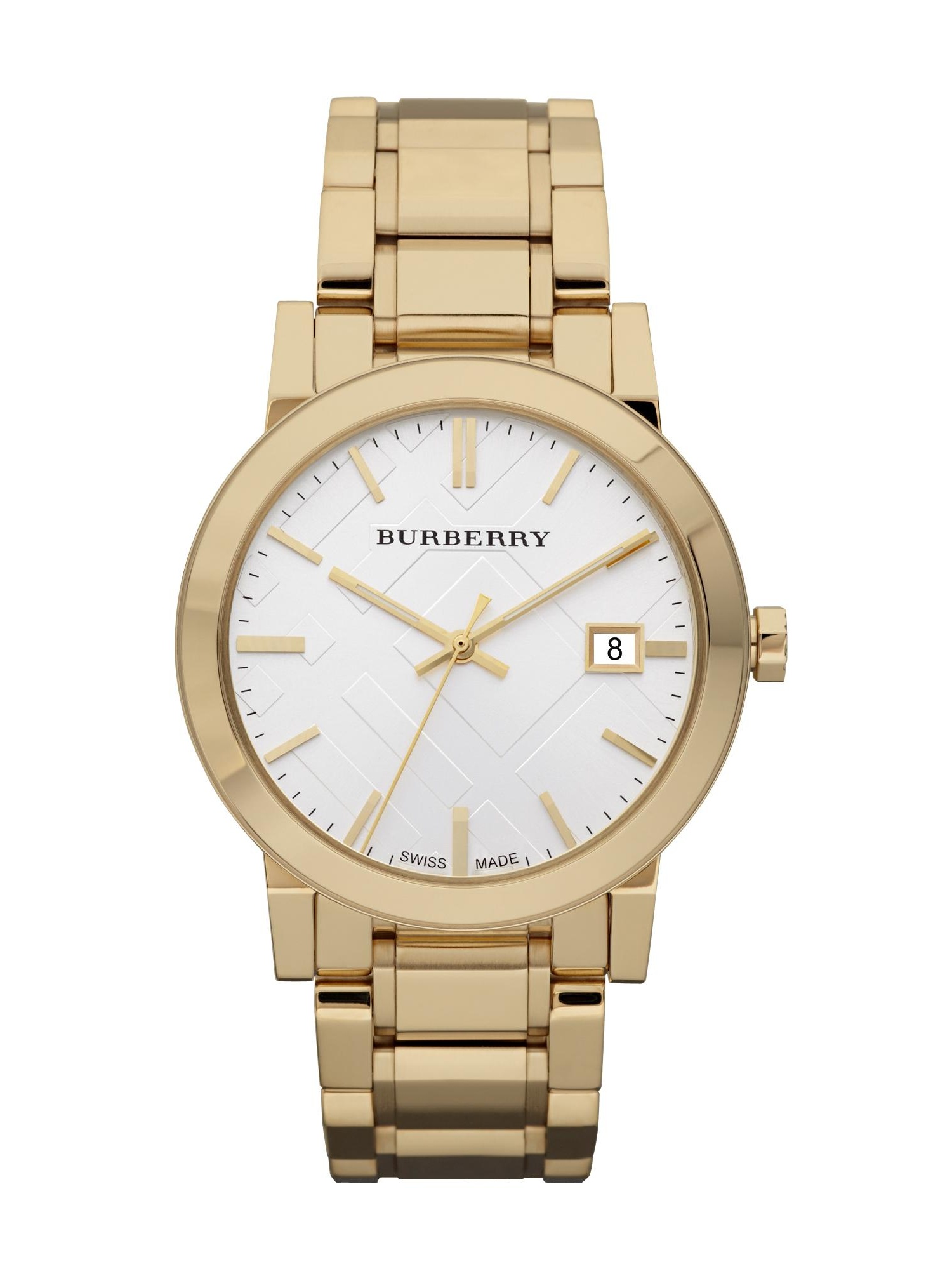 Gold-tone analog quartz watch with a 38mm case, white textured dial, gold hour markers, and a date display, featuring a sleek metal bracelet.
