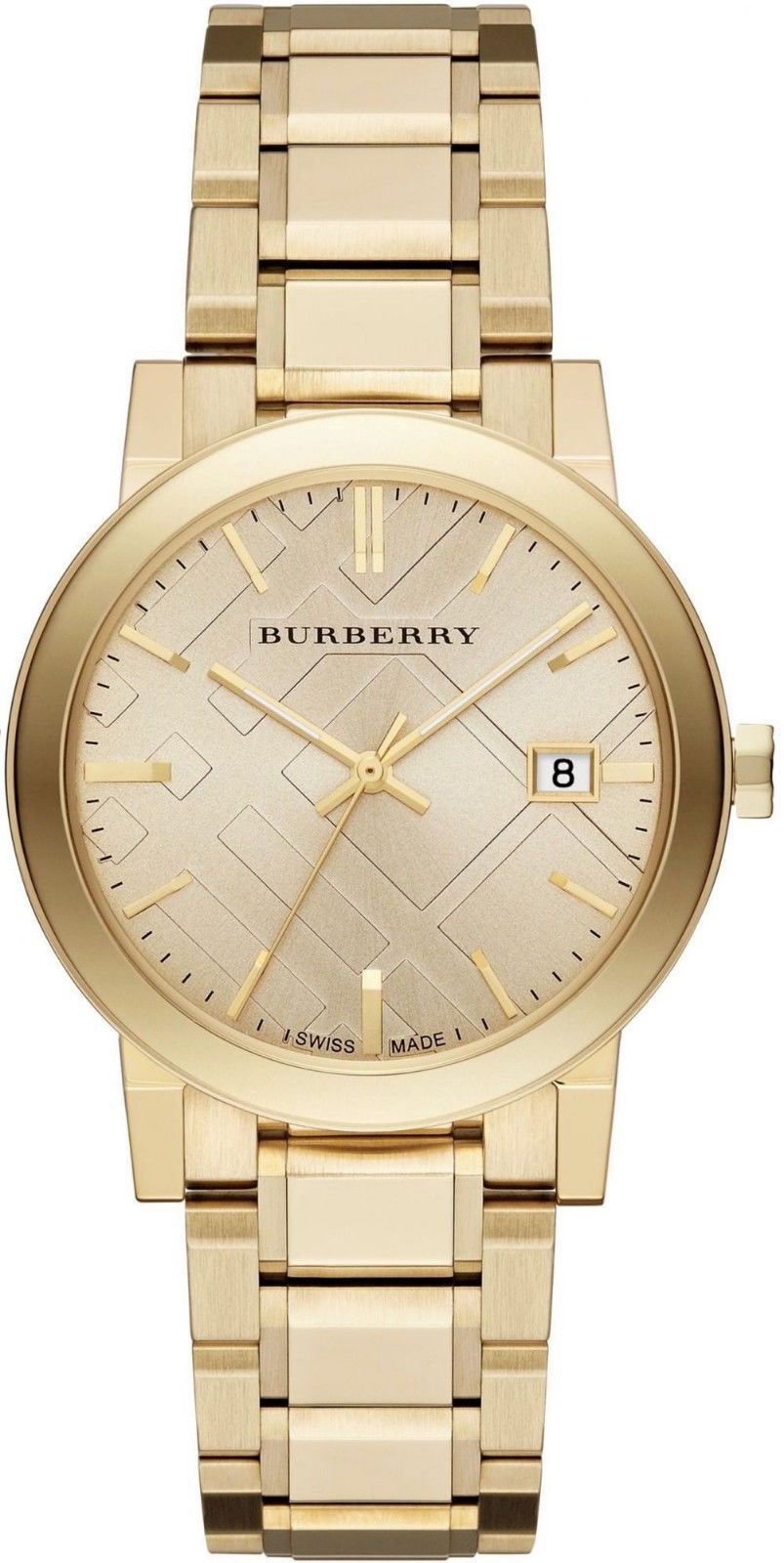 Burberry BU9033 unisex watch features a yellow gold stainless steel case and bracelet, a textured gold dial with hour markers, and a date window at 3 o'clock.