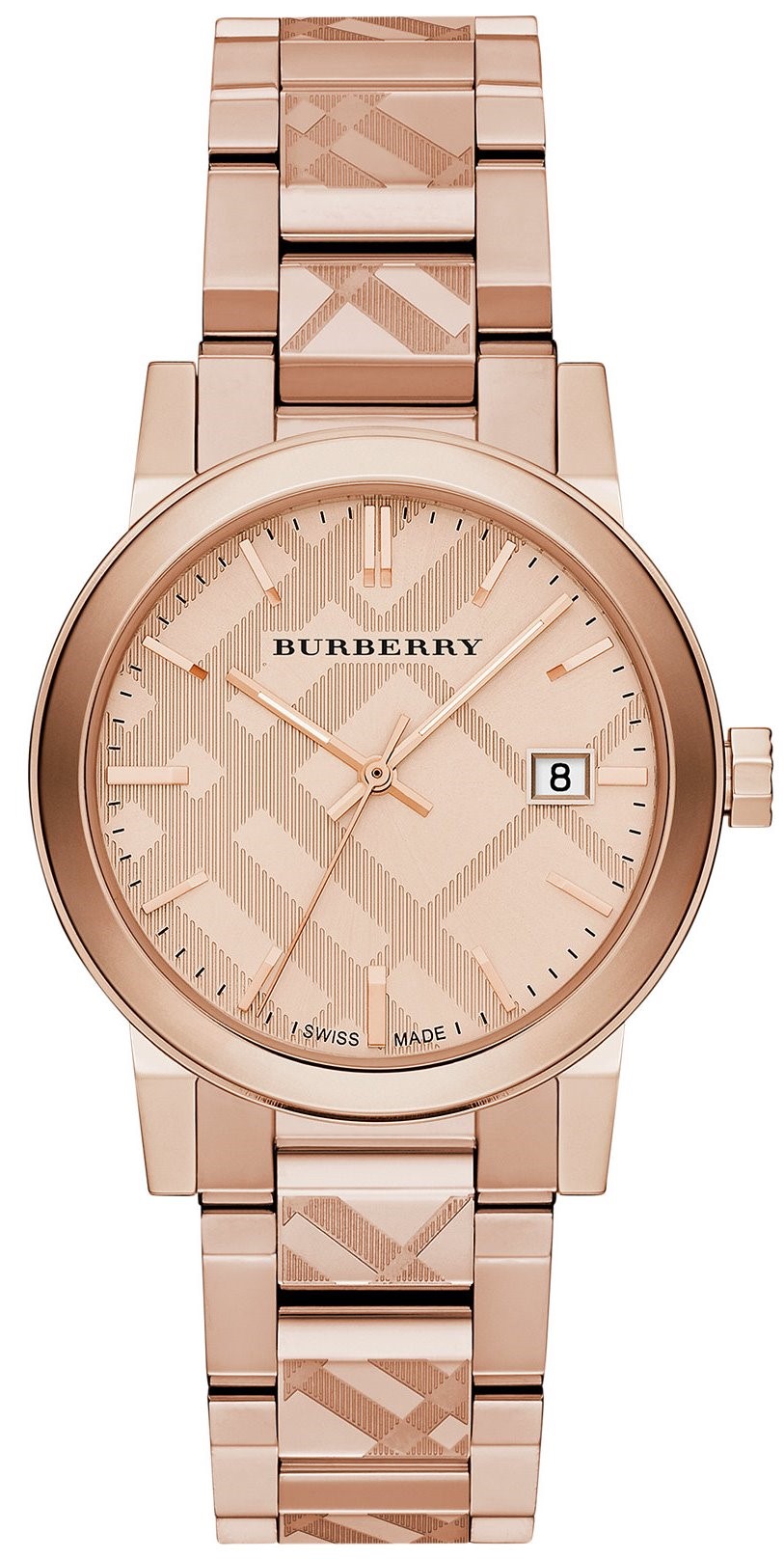 Burberry unisex watch features a rose gold-tone stainless steel case and bracelet, with a patterned dial, date display, and sleek hands for a modern look.