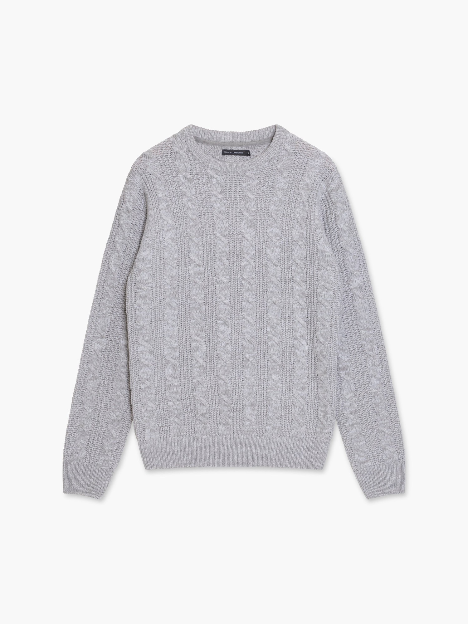 Light grey cable knit crew neck jumper featuring a textured pattern and long sleeves, made from a soft, cozy material.