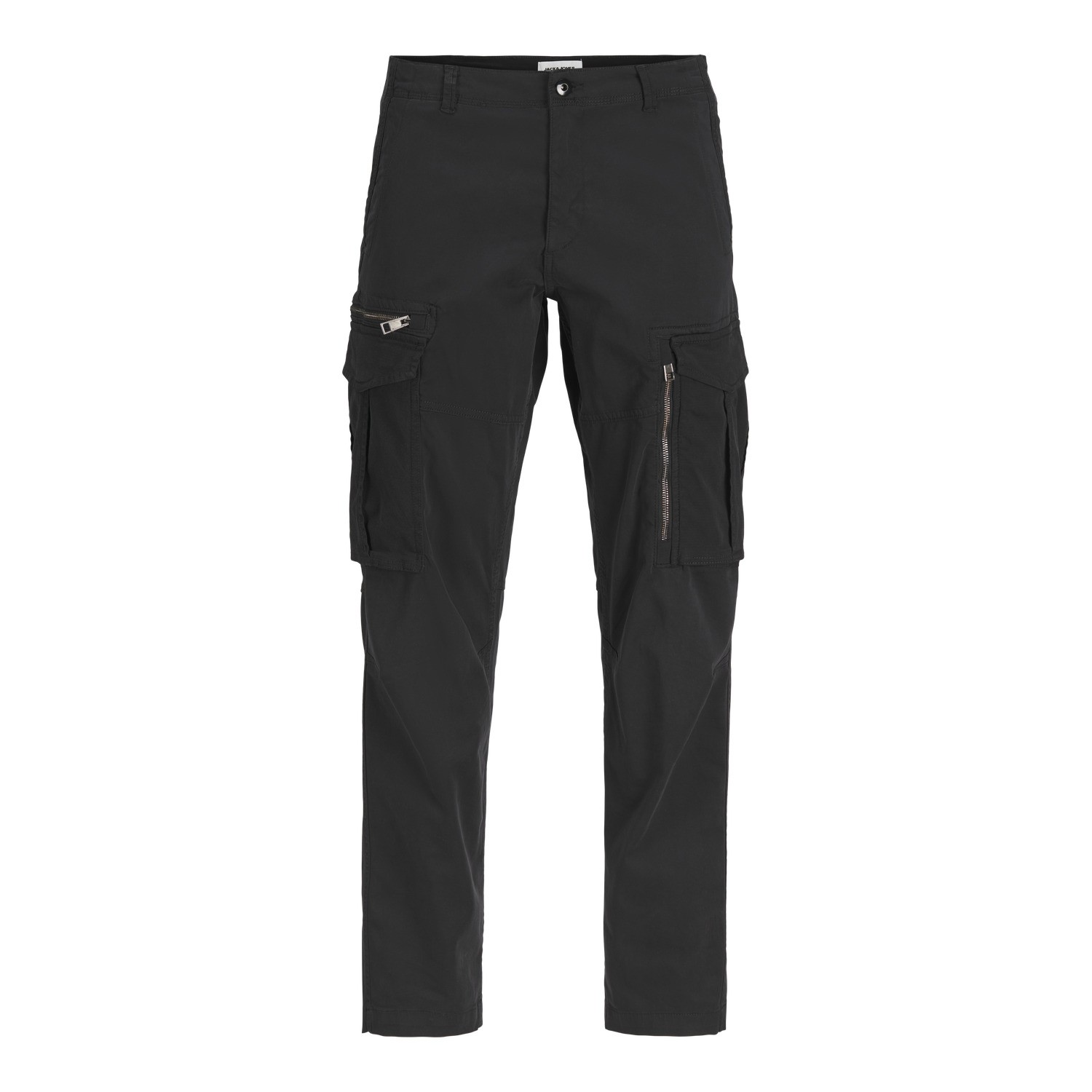 Black cargo trousers by Jack & Jones, featuring multiple side pockets, a zippered pocket, and a slim fit design made from durable material.