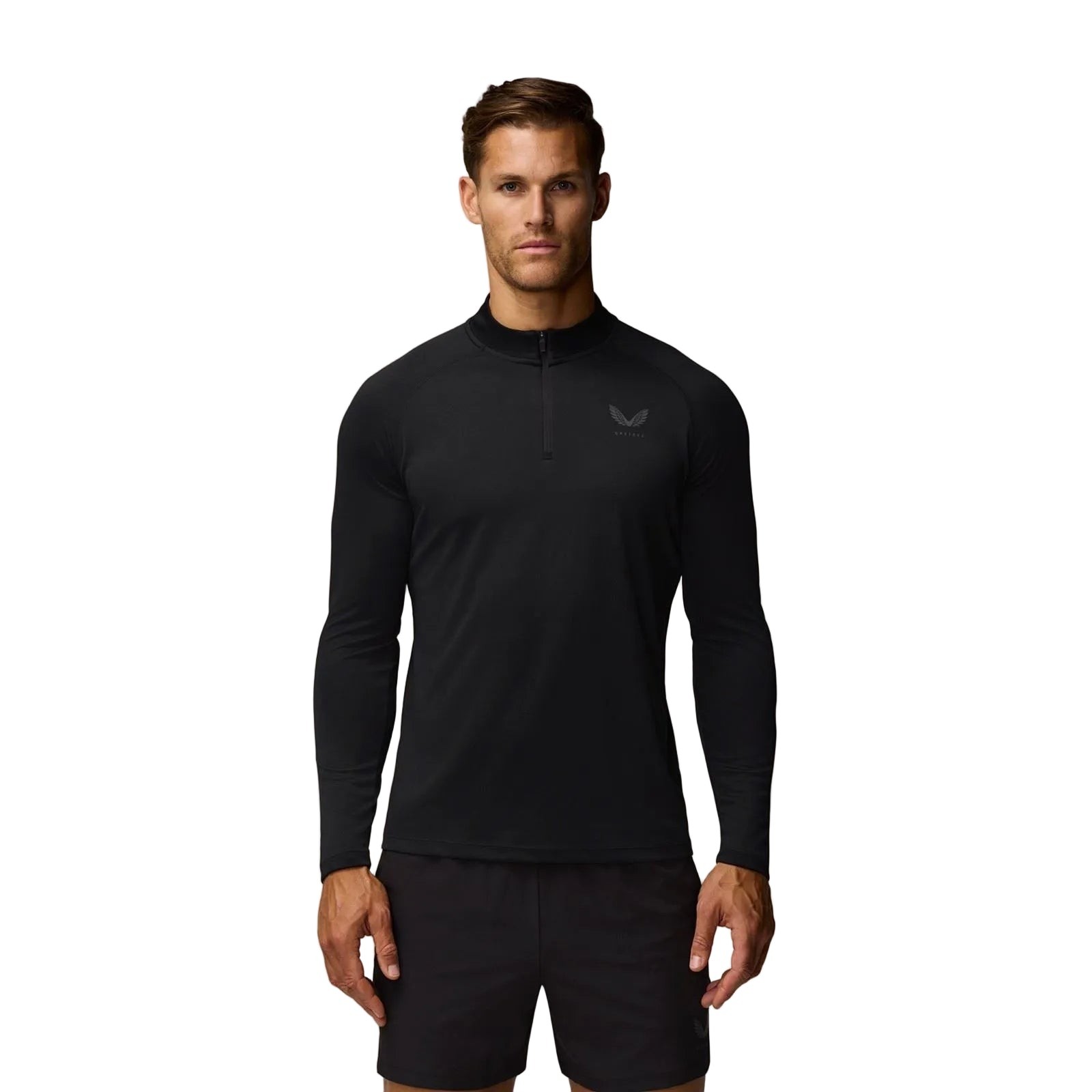 Black polyester 1/4 zip training top for men by Castore, featuring long sleeves, a slim fit, and a subtle logo on the chest, ideal for activewear.