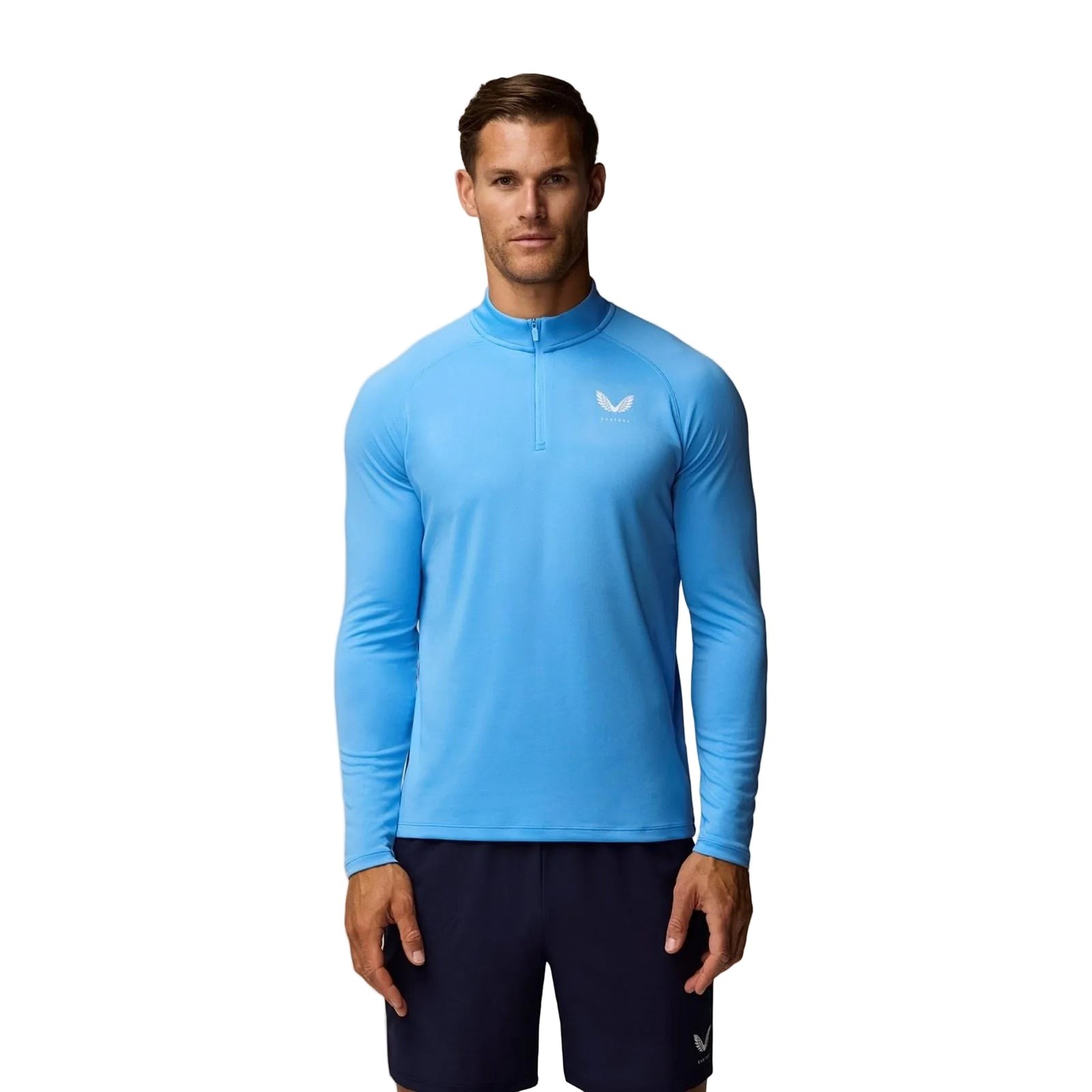 Cool blue quarter zip sweatshirt by Castore, featuring a slim fit, long sleeves, and a high collar, made from lightweight, breathable material.
