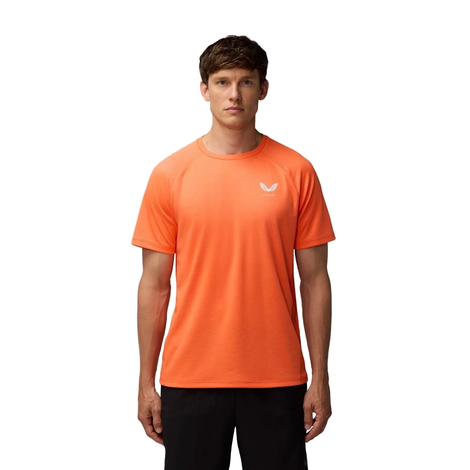 Bright orange polyester training t-shirt for men, featuring a crew neckline, short sleeves, and a subtle logo on the chest, ideal for activewear.