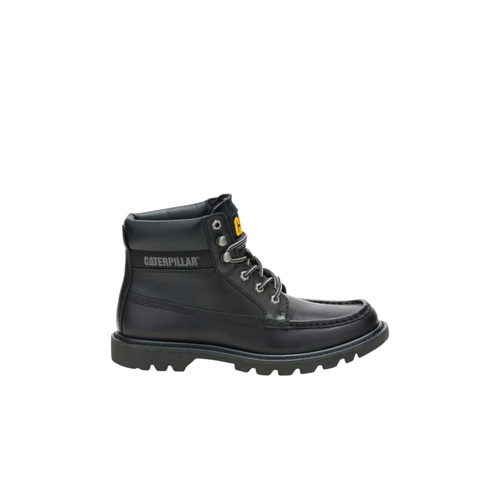 Black leather Caterpillar Colorado boots featuring a padded collar, lace-up front, and rugged rubber sole for durability and traction.