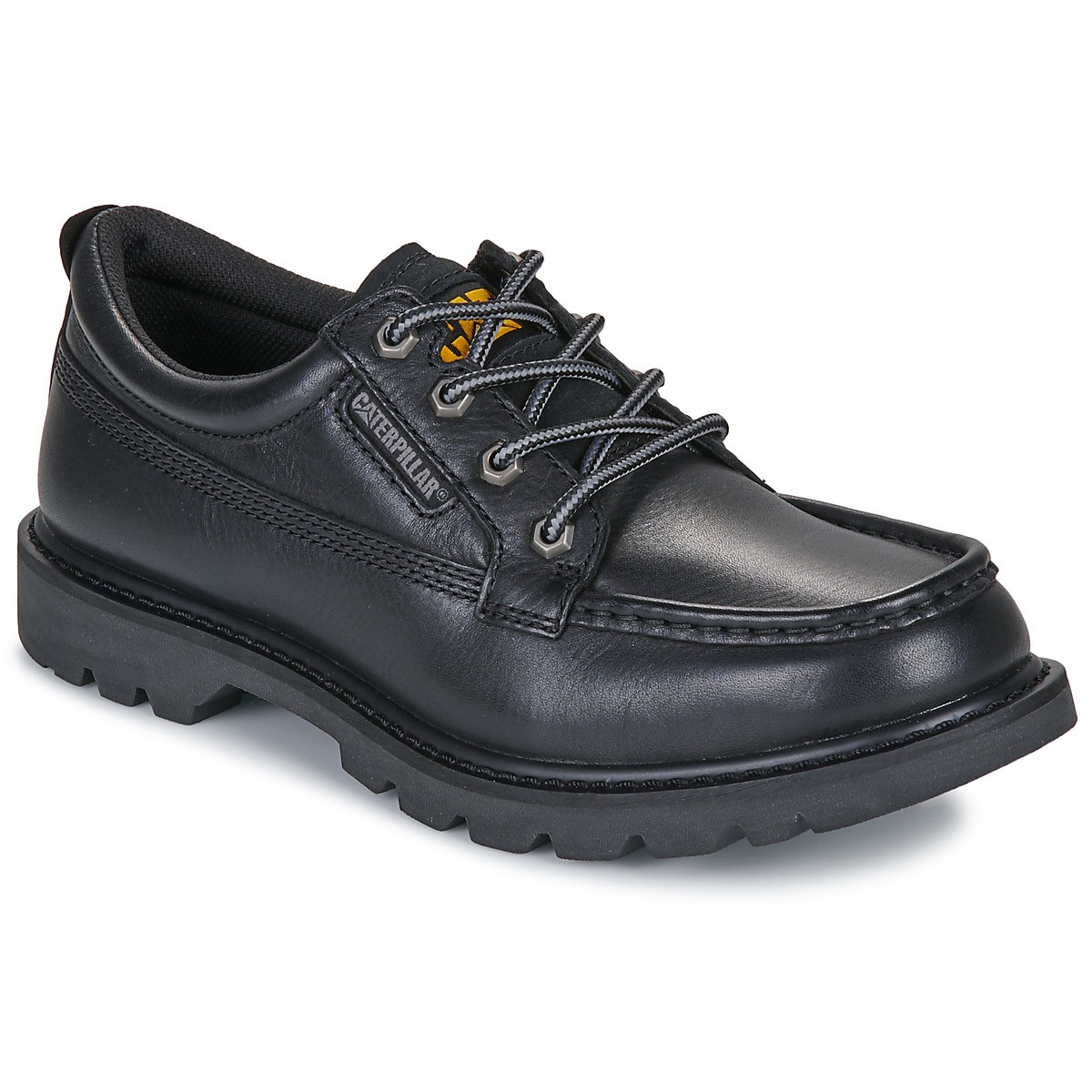 Black leather boat shoes with a rugged rubber sole, featuring laces, a padded collar, and a subtle CAT Lifestyle logo on the side.