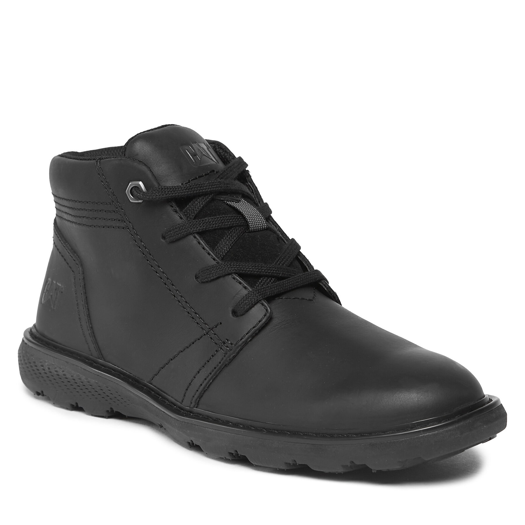 Black leather ankle boots featuring a sleek design, lace-up front, and textured rubber sole, ideal for casual wear and comfort.