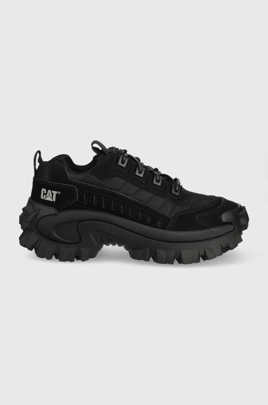 Black suede unisex trainers with chunky rubber sole, featuring a textured upper, lace-up design, and CAT logo on the side, size UK 3.