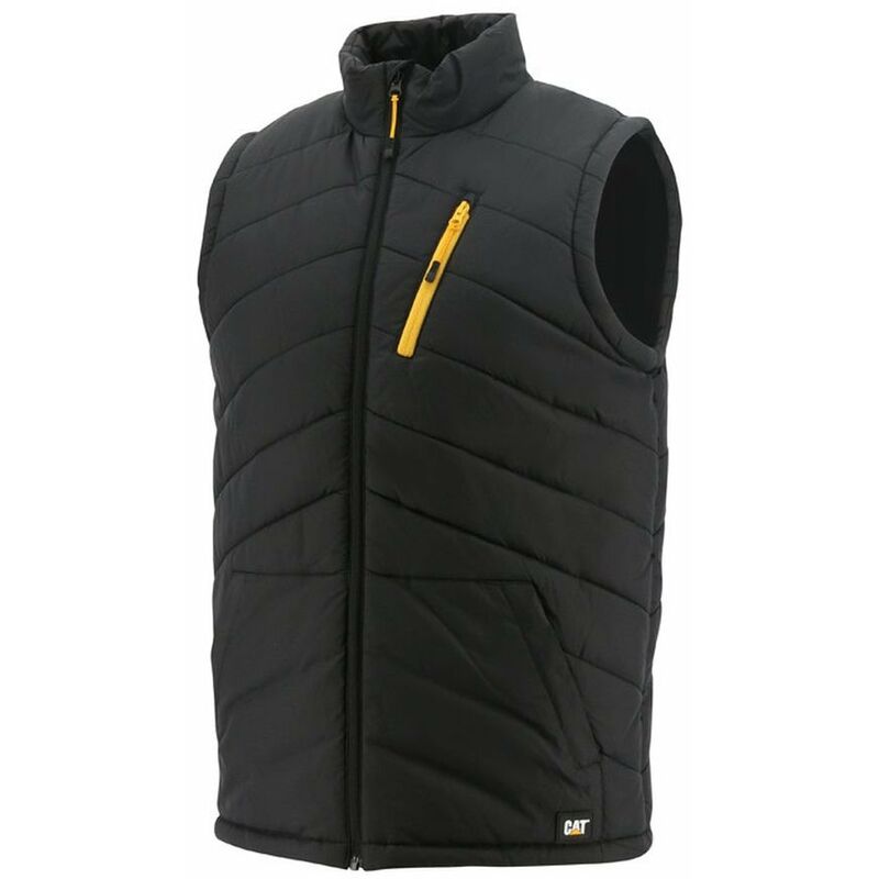 Black sleeveless body warmer featuring a quilted design, a front zip closure, and a yellow zippered pocket, made from durable material by Caterpillar.