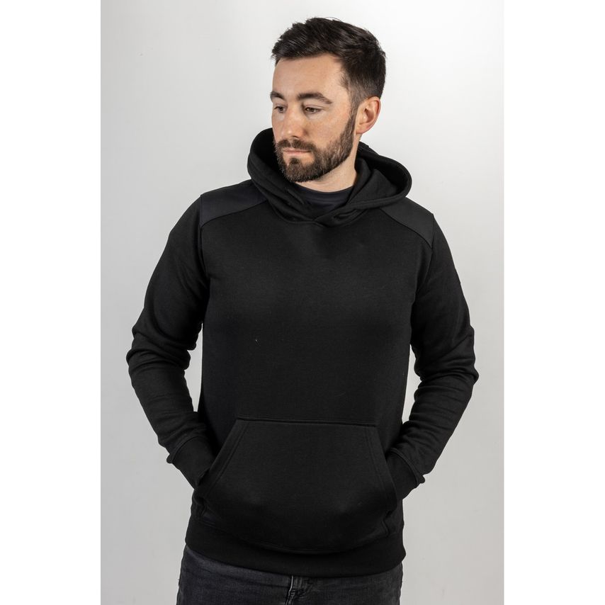 Black hooded sweatshirt by Caterpillar, featuring a front pocket, ribbed cuffs, and a relaxed fit, made from soft, durable material.