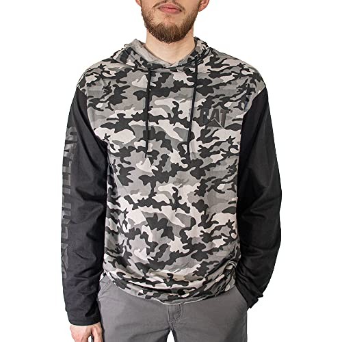 Men's hooded long sleeve tee in stone camo featuring a mix of gray and black camouflage patterns, with long black sleeves and a front logo detail.