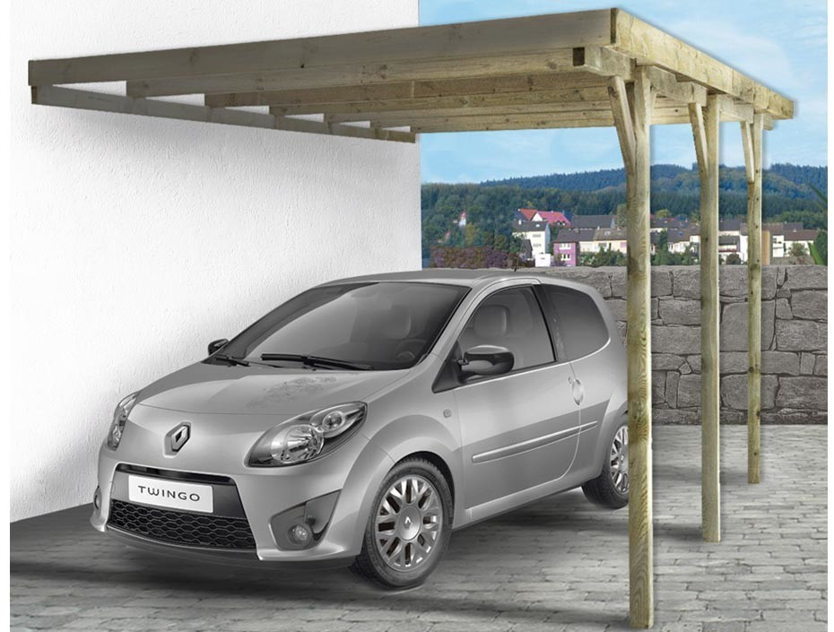 Wooden carport with a slanted roof, featuring sturdy wooden posts, designed to shelter a silver Renault Twingo, set against a stone pavement and a white wall backdrop.
