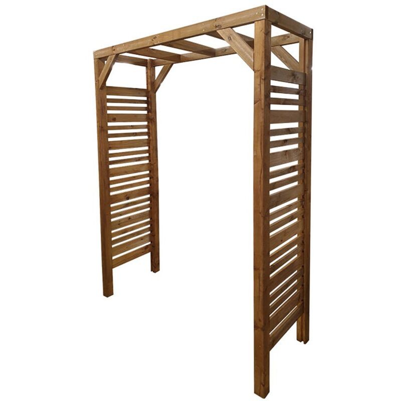 Brown wooden garden arch with a flat top and slatted sides, featuring a sturdy design ideal for climbing plants or as an entrance to a garden pathway.