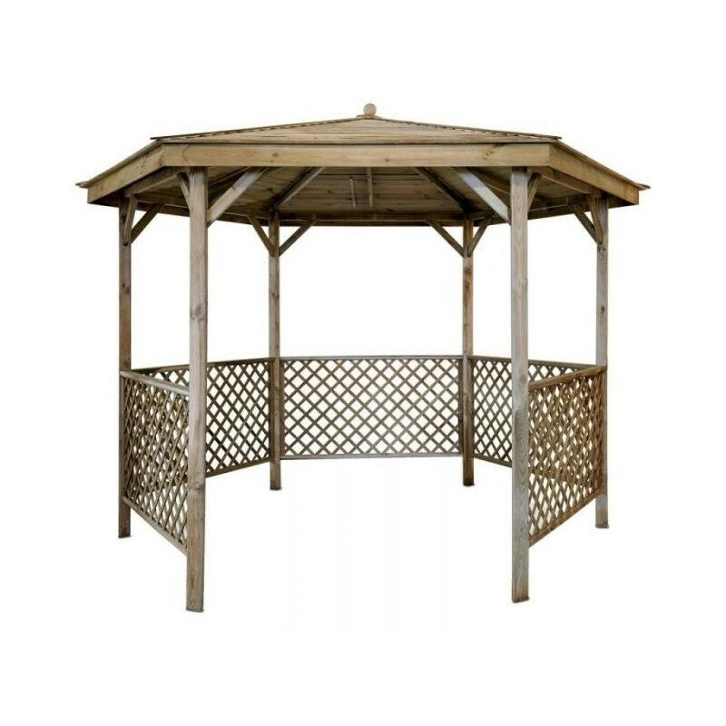 Brown wooden gazebo with a hexagonal shape, featuring a slanted roof and lattice-style side panels, ideal for outdoor spaces and gatherings.
