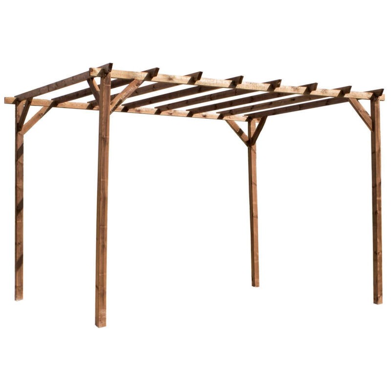 Brown wooden pergola measuring 4m x 3m, featuring a slatted roof and sturdy posts, ideal for outdoor spaces and garden settings.