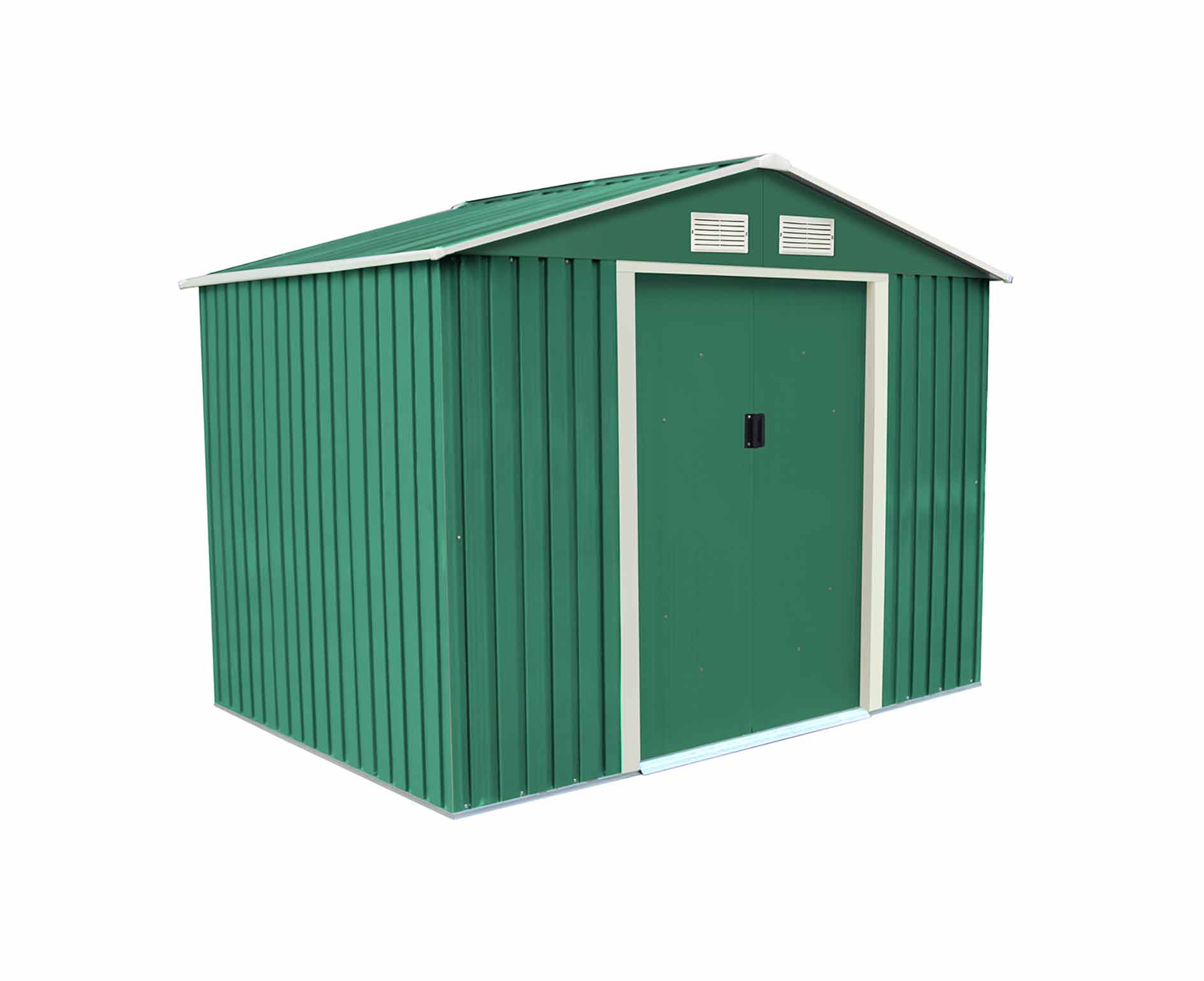 Green metal apex garden shed measuring 8ft x 6ft, featuring vertical panels, a sloped roof, double doors with a black handle, and ventilation slots at the top.