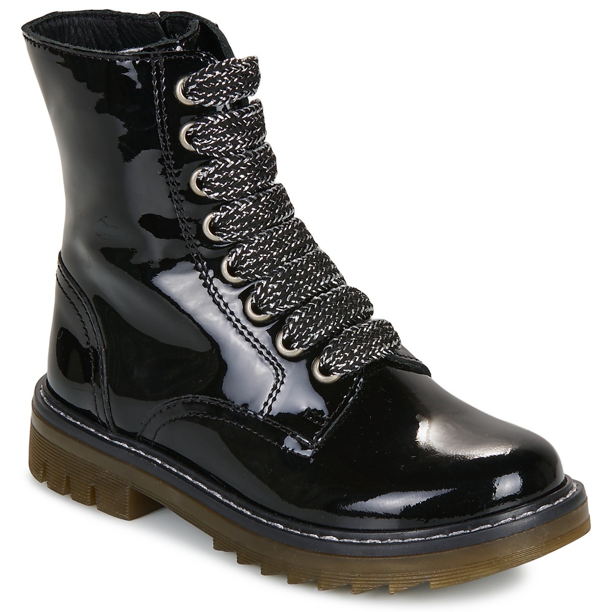 Shiny black patent leather children's boots with chunky rubber sole, featuring thick black and white laces and a mid-calf height design.