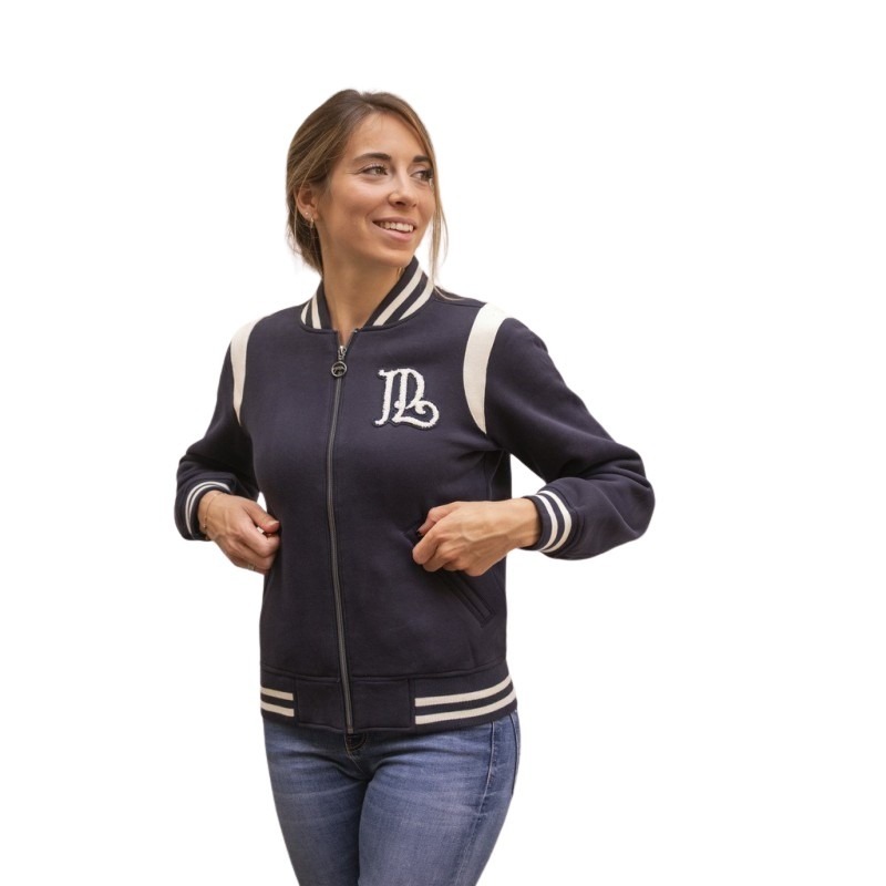 Navy blue children's riding sweatshirt with white striped cuffs and collar, featuring a prominent "PL" logo on the chest and a zip-up front.