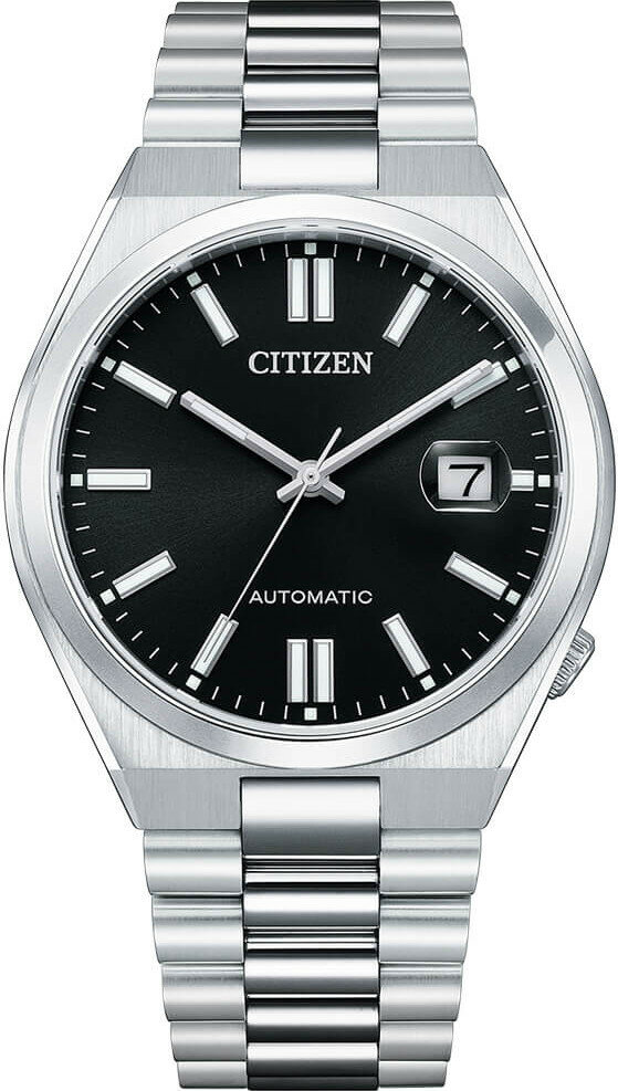 Citizen Tsuyosa Dial automatic men's watch features a black dial, stainless steel case and bracelet, with silver hour markers and a date window at 3 o'clock.