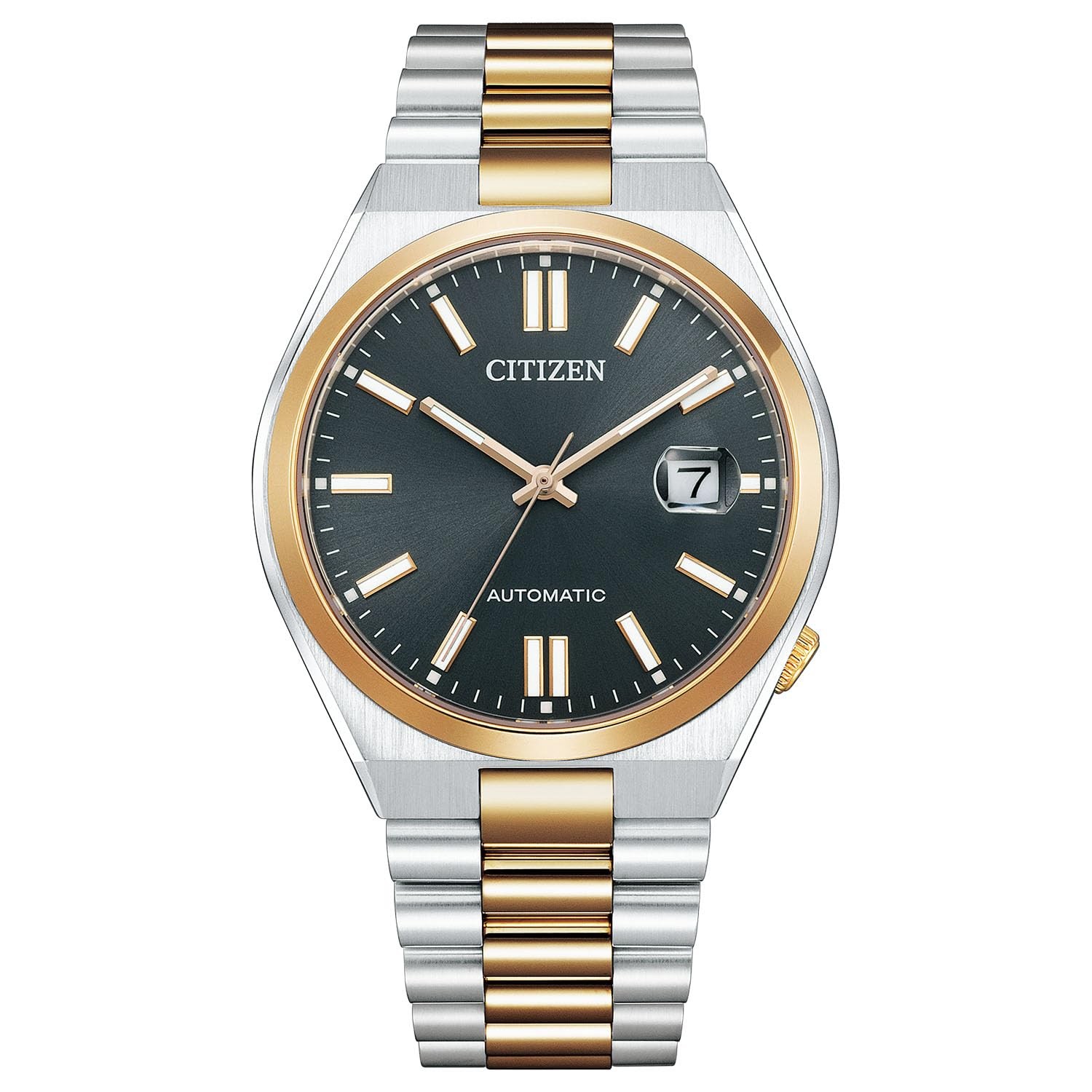 CITIZEN automatic watch with a black dial, gold and silver-tone stainless steel case, date display, and a two-tone metal bracelet. Model NJ0154-80H, 40mm size.