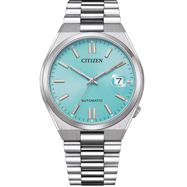 Citizen Tsuyosa automatic men's watch features a stainless steel case and bracelet, an ice blue dial with silver hour markers, and a date display at 3 o'clock.