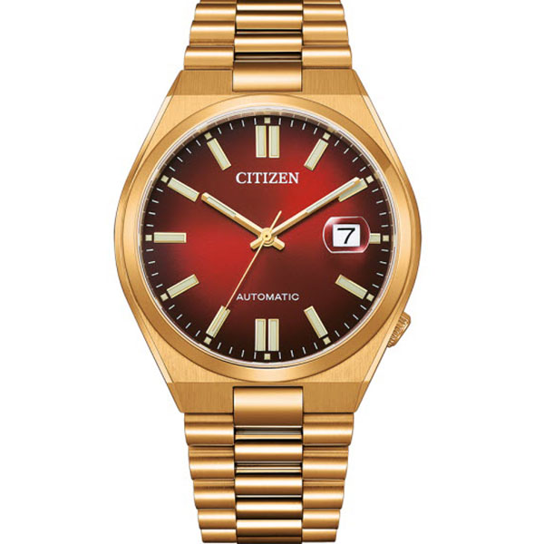 Gold-tone stainless steel men's watch featuring a wine red dial, automatic movement, 21 jewels, and a date display at 3 o'clock.