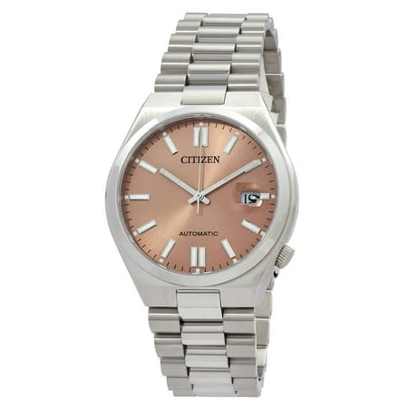 Citizen NJ015 Automatic men's watch features a warm sand dial, silver stainless steel case and bracelet, with luminous hour markers and a date window at 3 o'clock.