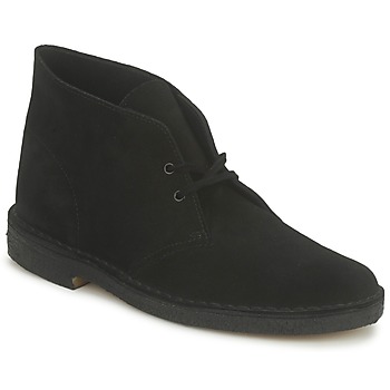 Men's Clarks Originals Desert Boot in black suede, featuring a simple lace-up design, ankle height, and a rubber sole for comfort and durability.
