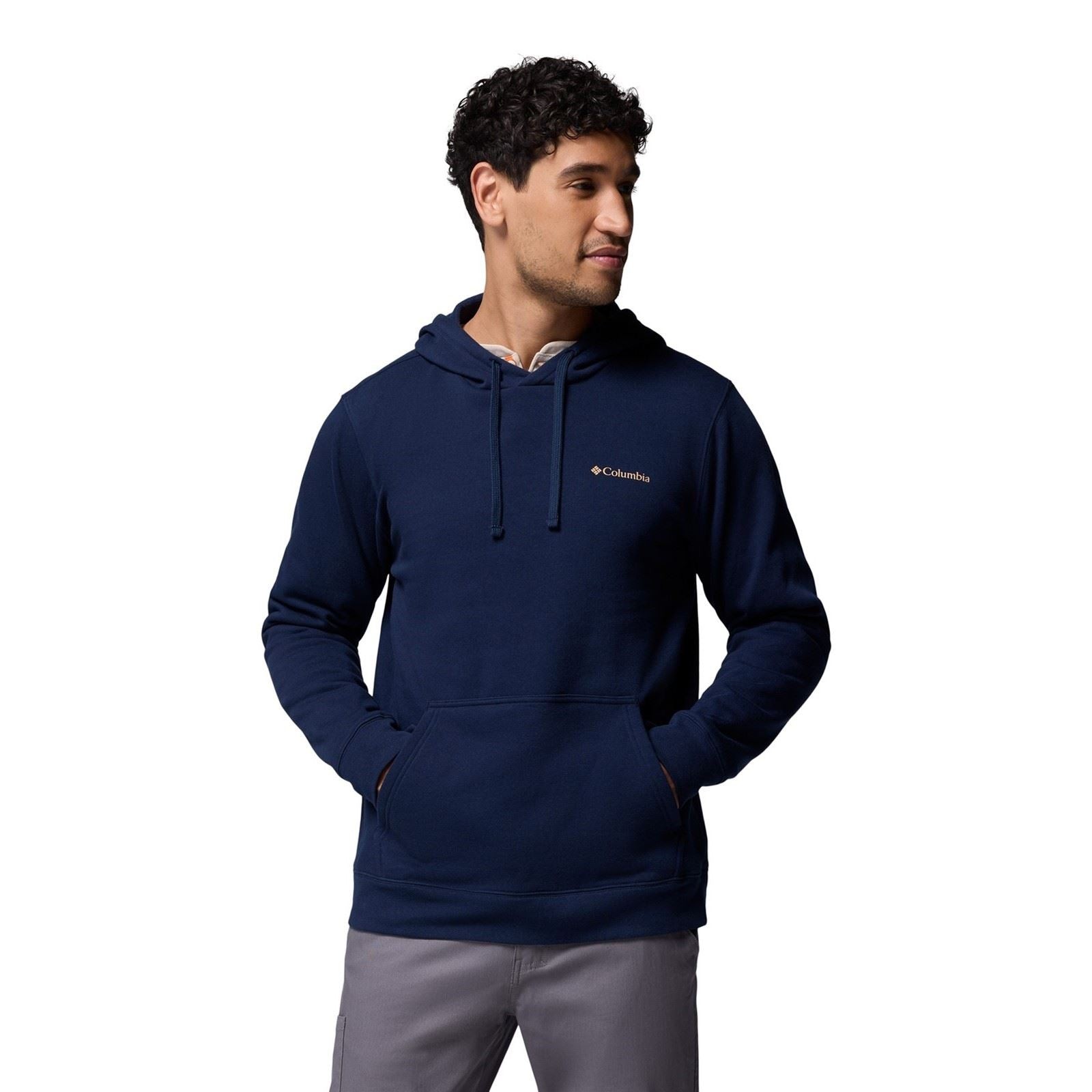Men's blue Columbia Trek Graphic Hoodie made of cotton, featuring a front pocket, adjustable drawstring hood, and a small logo on the chest.