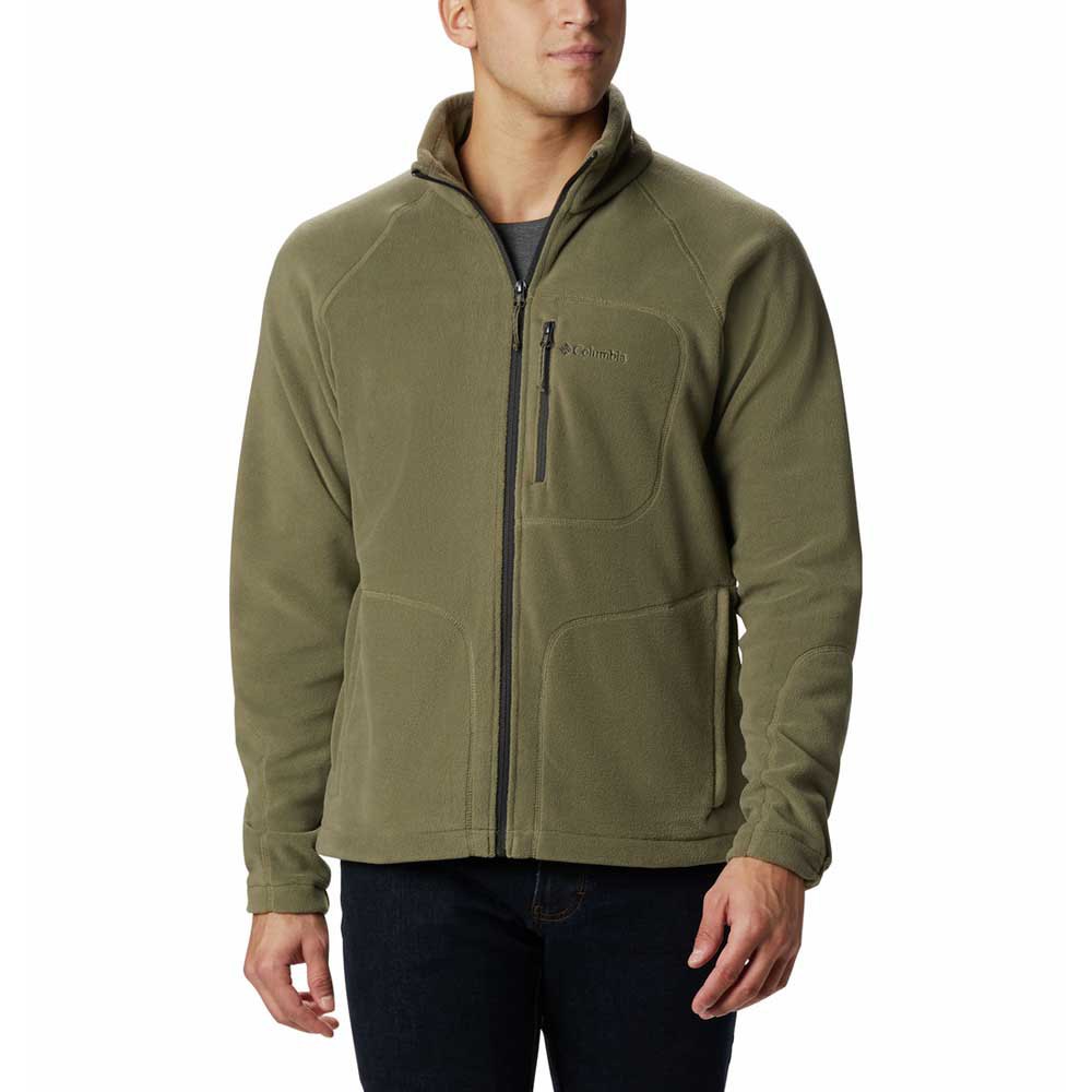 Olive green fleece jacket featuring a zip fastening, high neck, and a zippered chest pocket, designed for comfort and warmth.