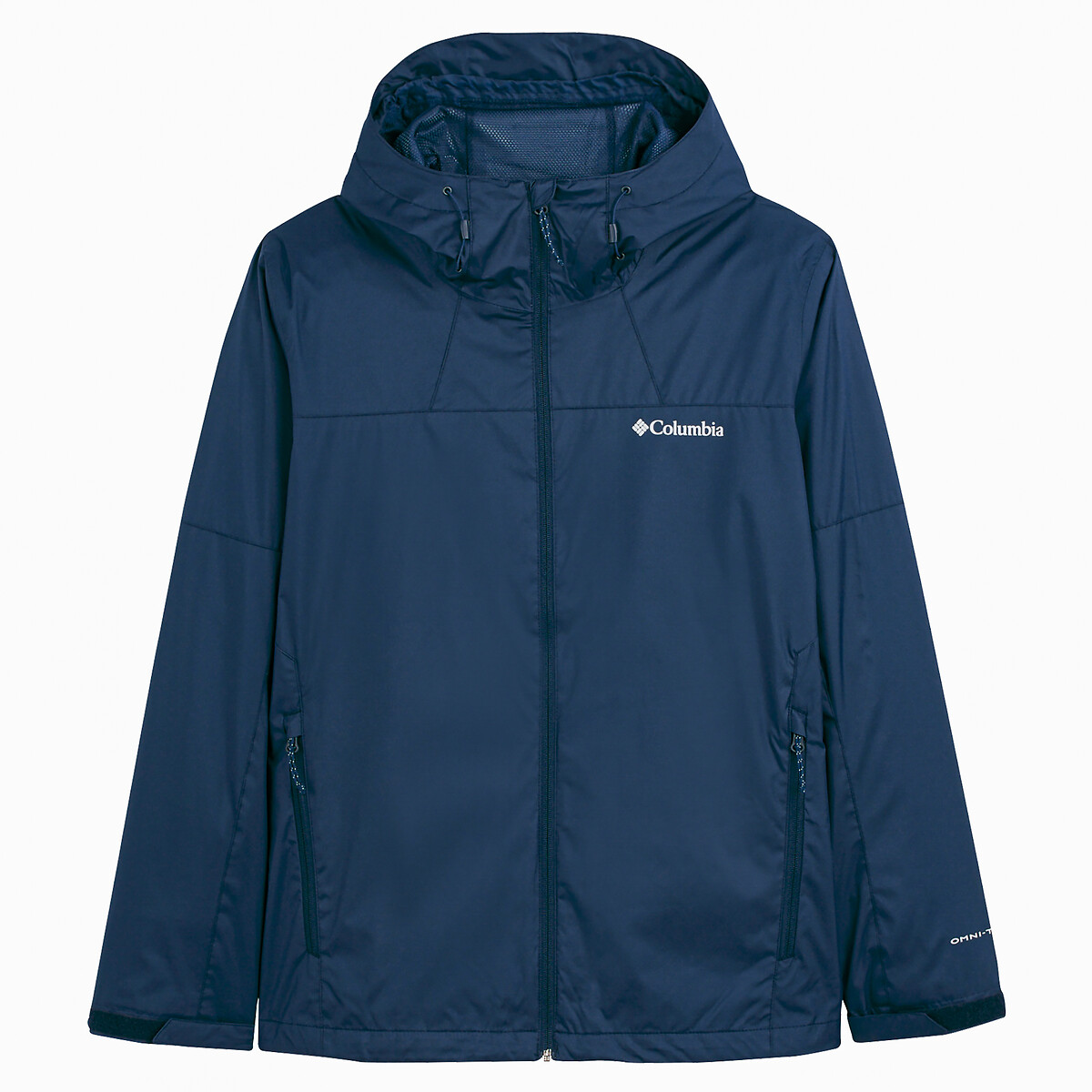 Navy blue Columbia Inner Limits III men's rain jacket featuring a hood, zippered front pockets, and a logo on the chest, made from water-resistant material.