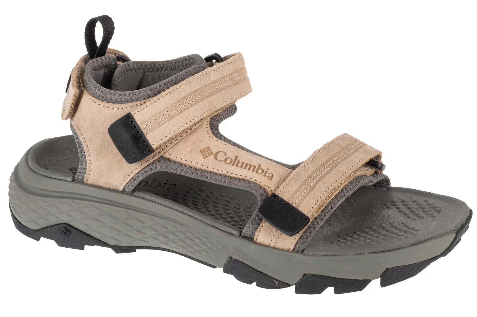 Tan and quarry-colored Columbia Peakfreak Rush Leather men's sandals feature a durable leather upper, adjustable straps, and a textured rubber sole for traction.