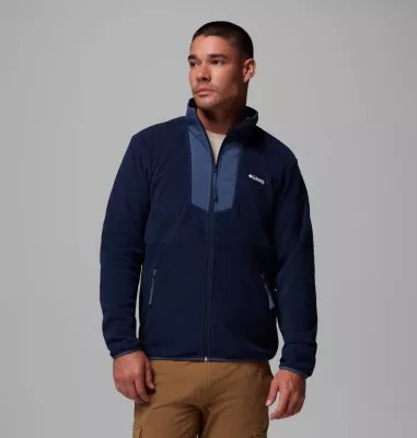 Columbia Sequoia Grove Full Zip Fleece Jacket in Collegiate Navy and Dark Mountain, featuring a zippered front, two side pockets, and a soft fleece material.
