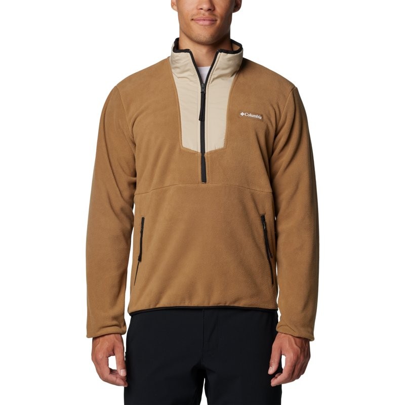 Brown half-zip fleece pullover for men, featuring a beige chest panel, zip neck, and two zippered side pockets, made from soft polyester material.