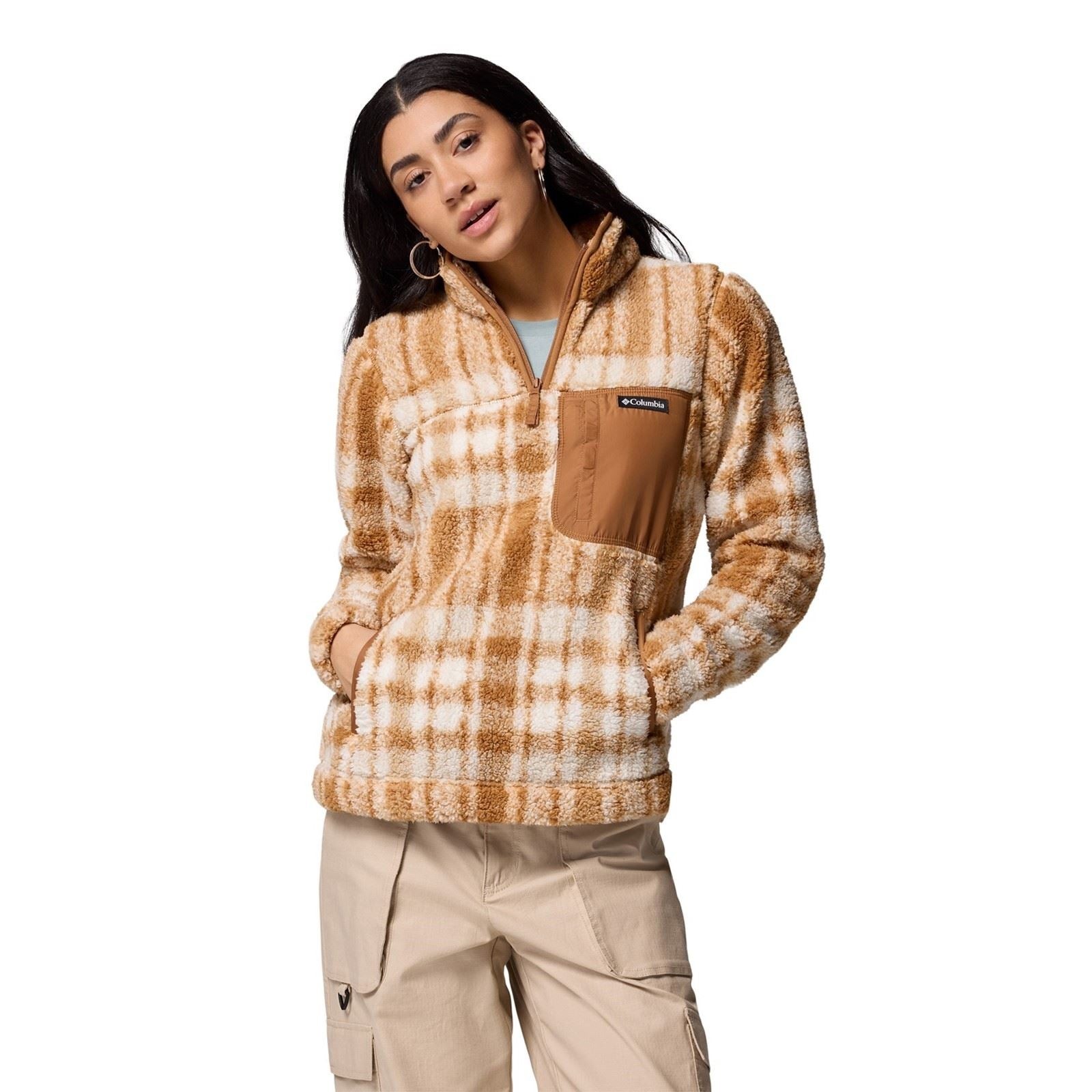 Brown and cream plaid pullover made of soft polyester, featuring a quarter zip, high collar, and a chest pocket, designed for women's casual wear.