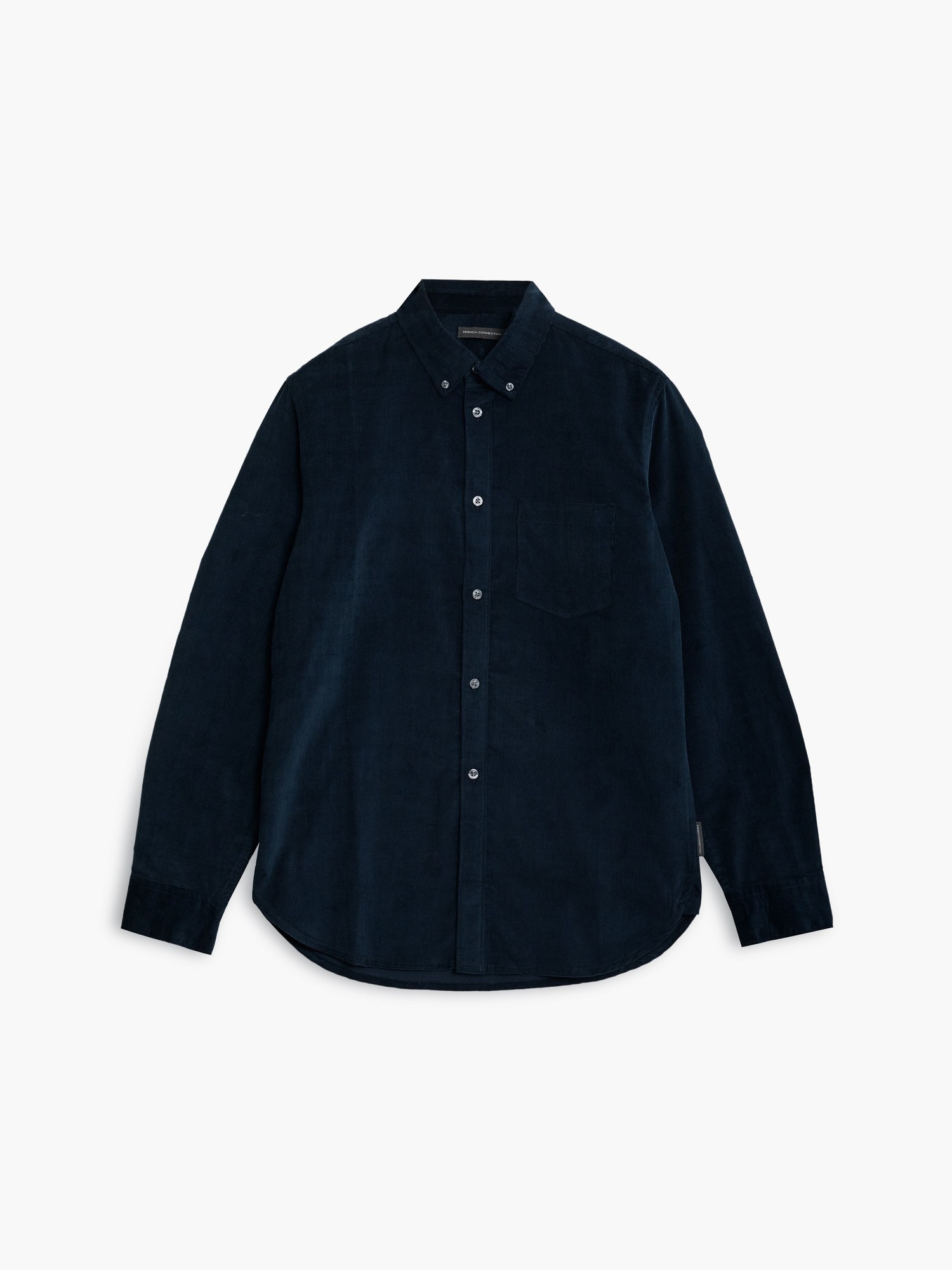 Navy cord long sleeve shirt featuring a button-down collar, single chest pocket, and a relaxed fit, made from soft, textured corduroy material.