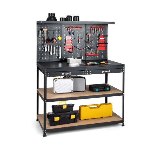Black 48-inch workbench featuring a pegboard with tools, two drawers, and open shelves for storage, combining metal and wood materials for durability and functionality.