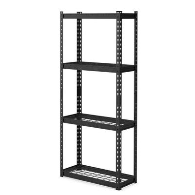 Four-tier metal storage rack in black, featuring sturdy shelves with a grid design, ideal for organizing garage or utility spaces.