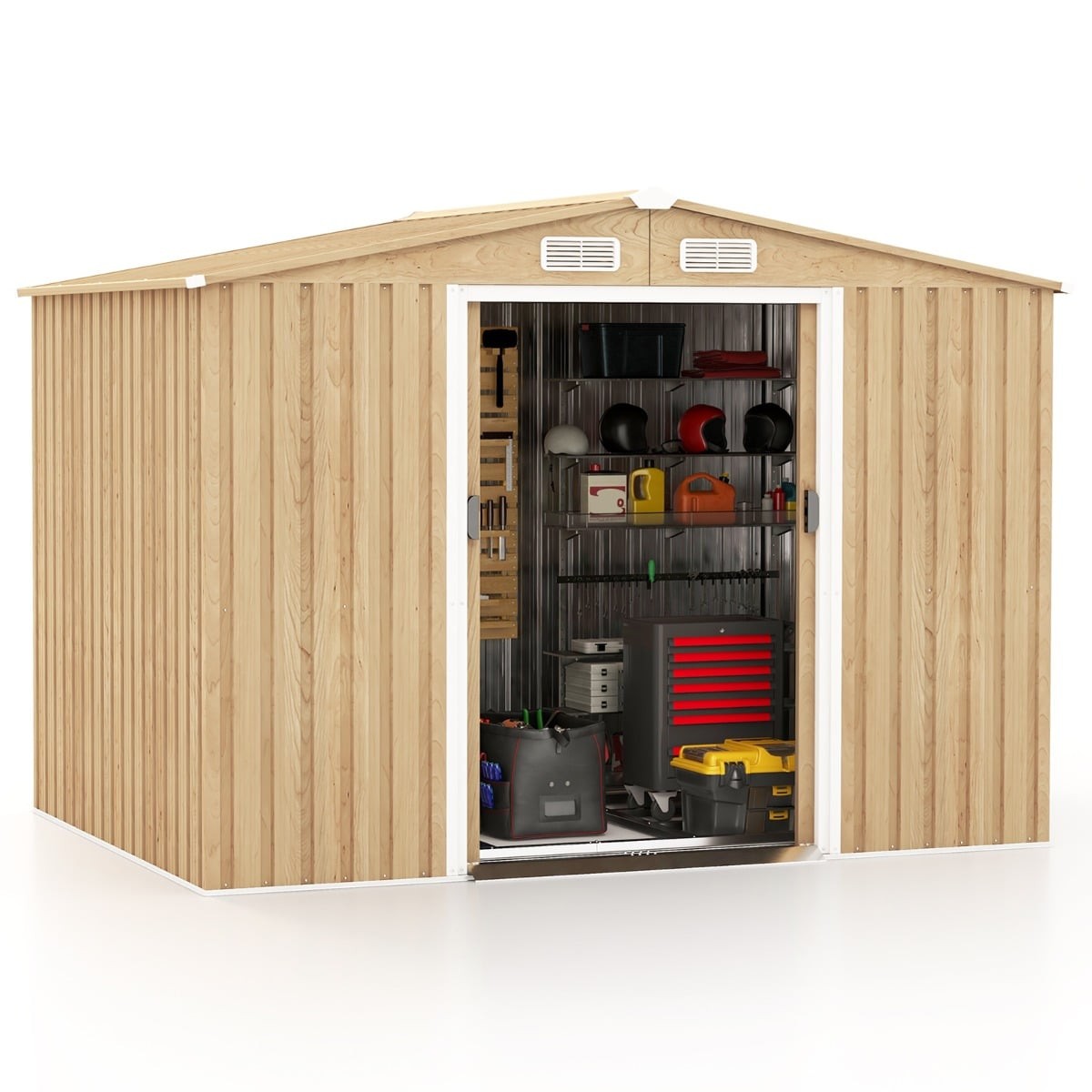 Outdoor storage shed featuring a natural wood finish, tilted roof, four air vents, lockable sliding doors, and a built-in ramp, showcasing organized tools and equipment inside.