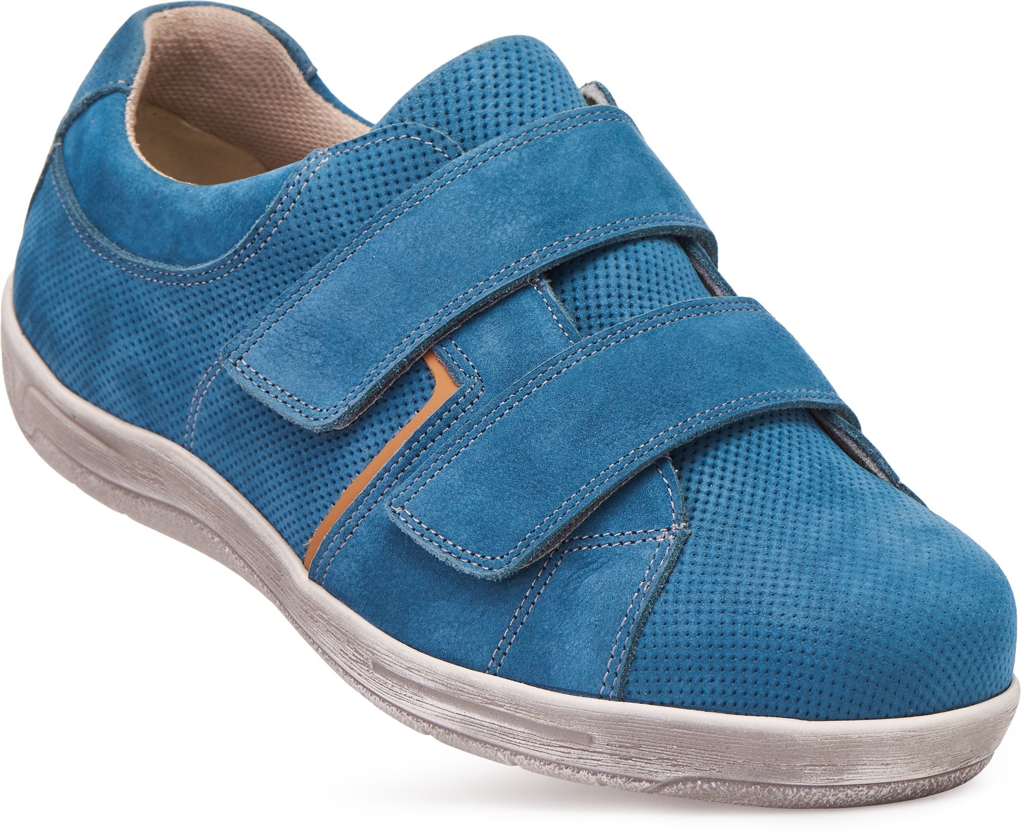 Men's extra wide shoes in vibrant blue suede with a breathable perforated design, featuring two adjustable Velcro straps for easy wear, ideal for swollen feet.