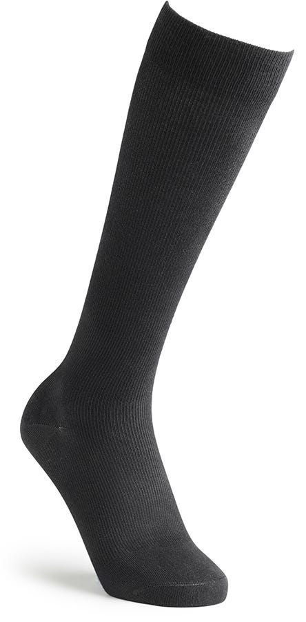 Black knee-high travel socks made from a soft, stretchy material, featuring a ribbed texture designed to promote circulation and reduce the risk of DVT during travel.