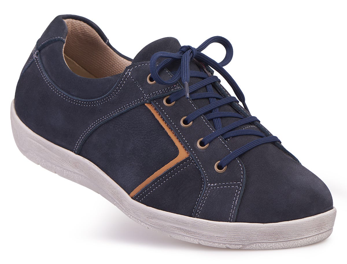 Navy blue suede men's shoe with extra wide fit, featuring a tan accent, round toe, and lace-up design, ideal for swollen feet.