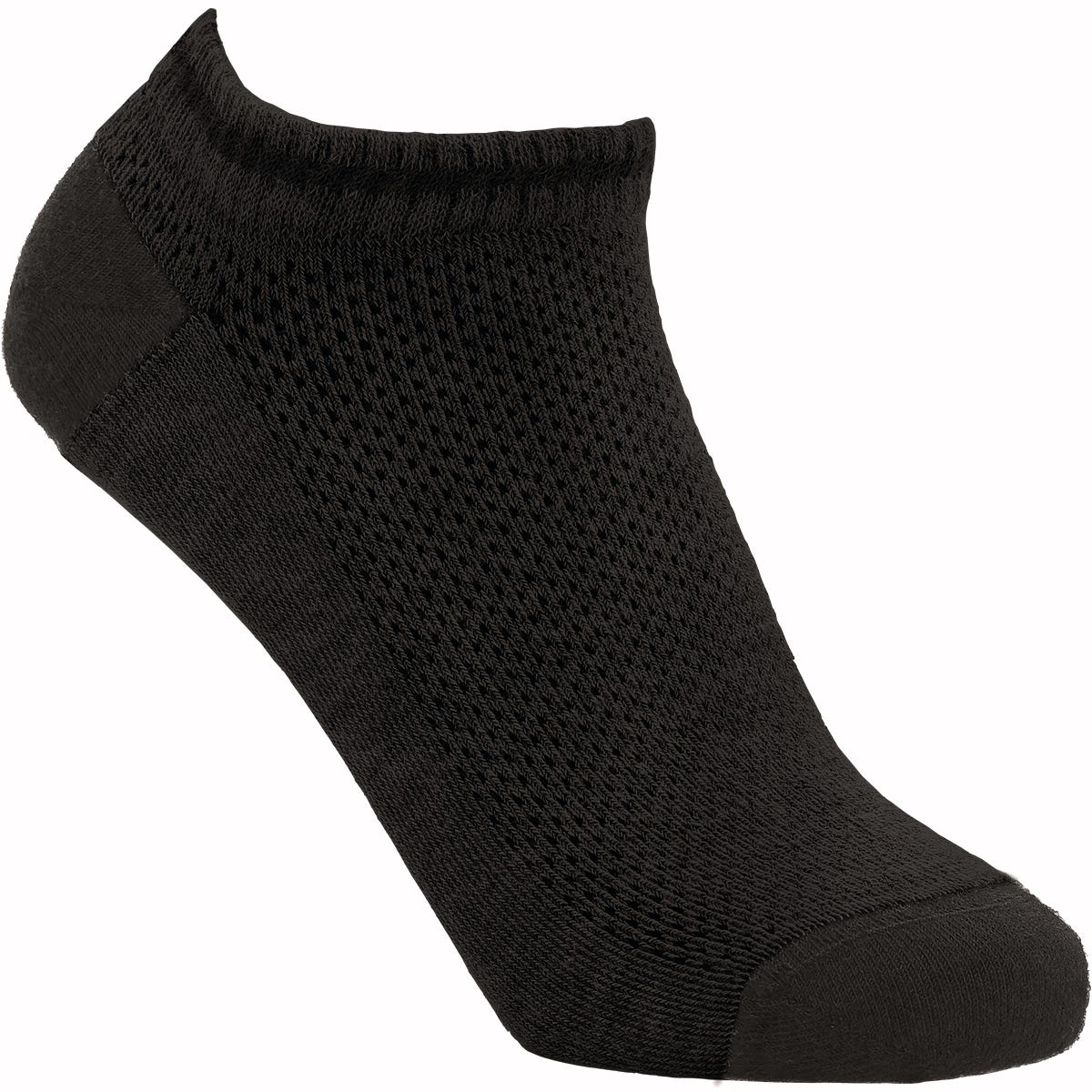 Black Coolmax® seam-free trainer socks featuring a breathable mesh design, soft material, and a low-cut ankle style for comfort and moisture control.