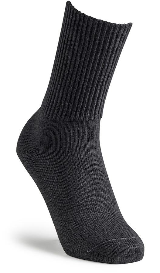 Black ribbed cotton comfort sock with a soft texture and a mid-calf length, designed for a cozy fit and enhanced comfort.