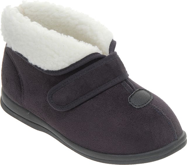 Extra wide, navy blue slippers with a soft, white fleece lining and adjustable Velcro strap, designed for comfort and support for swollen feet.