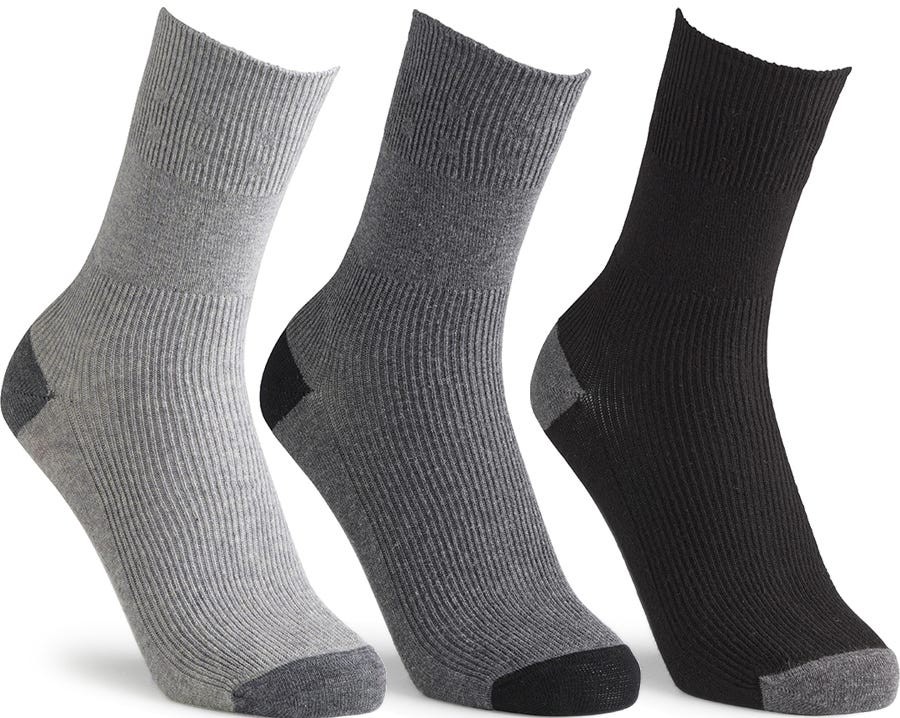 Three pairs of Cosyfeet socks in grey, dark grey, and black, featuring a ribbed texture, cotton-rich material, and seamless contrast heel and toe design for extra comfort.