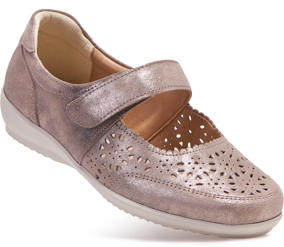 Extra wide, metallic rose gold women's shoes with a Velcro strap, featuring a cut-out floral design and a cushioned sole, ideal for swollen feet.