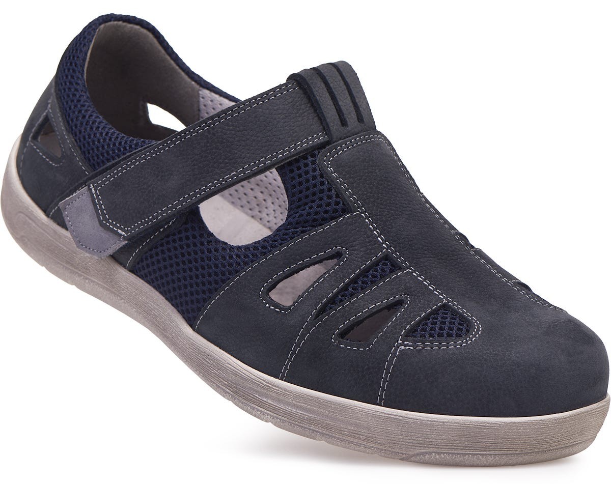 Navy blue extra wide sandals with a breathable mesh upper, adjustable Velcro strap, and cushioned sole, designed for comfort and support for swollen feet.