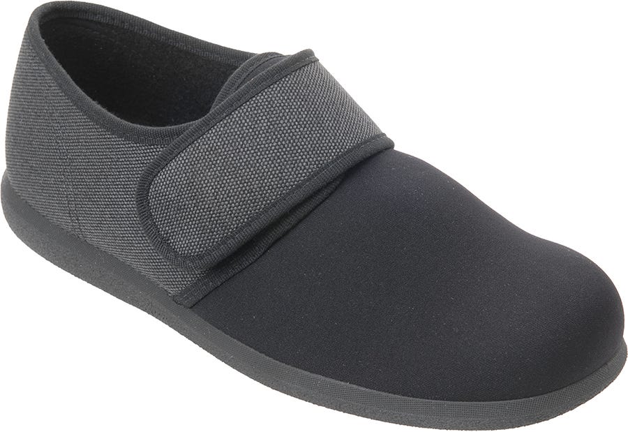 Black extra wide shoes with a soft fabric upper, featuring a grey adjustable strap for a secure fit, designed for comfort and support for swollen feet.