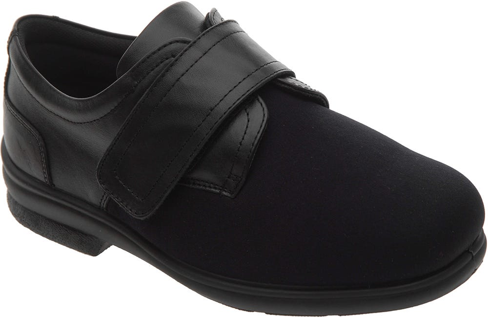Black extra wide shoes featuring a soft upper material and a Velcro strap for easy adjustment, designed specifically for swollen feet.